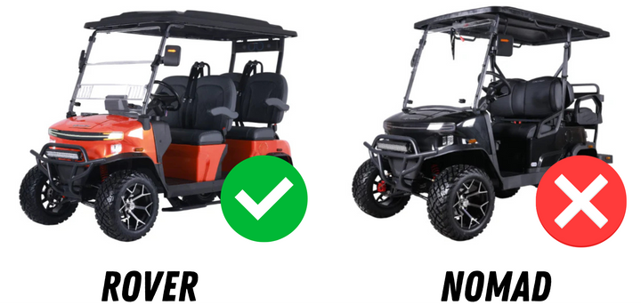 Comparison of Rover and Nomad powerplate fitment with icons and text on a white background.